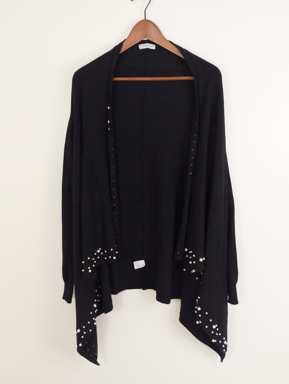 Angela Mara Italy Black Cashmere Blend Pearl Embellished Open Front Cardigan M